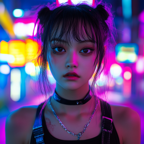 Portrait of Korean girl in cyberpunk city with neon signs.
