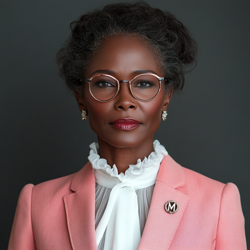 Portrait of confident 45-year-old woman in pink suit