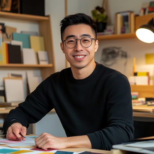 Portrait of smiling man with black hair at desk
