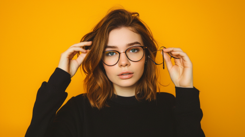 Portrait of young woman with glasses on yellow background