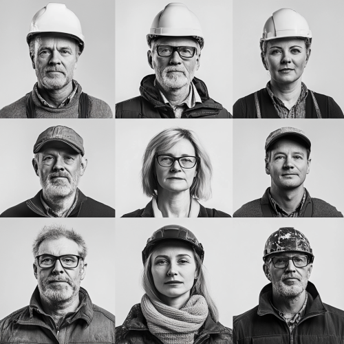 Portrait photography of construction team in black and white.