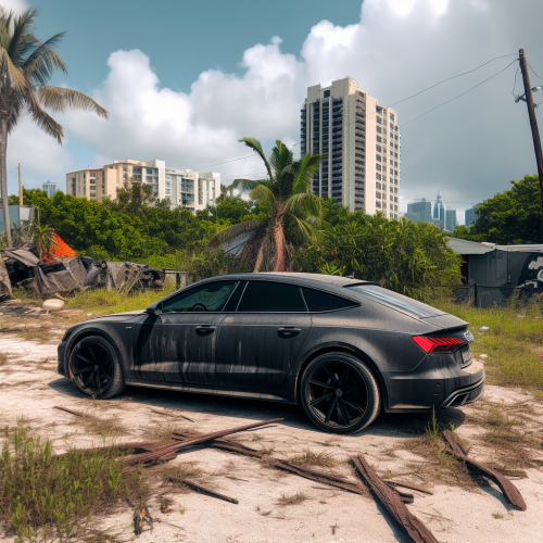 Post-apocalyptic Audi A7 with lift, machine gun, Miami decay