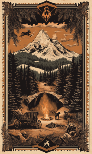 Poster: Mining company with Yggdrass, mountain, campfire, animals. Poster: Mining company with Yggdrass, mountain, campfire, animals.