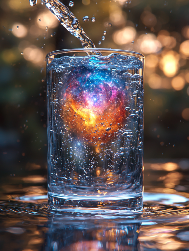 Pouring colorful galaxy into glass of water