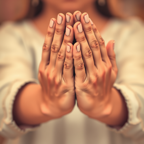 Praying hands reaching up to the sky.