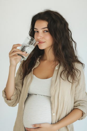 Pregnant woman doing drink photoshoot poses on camera