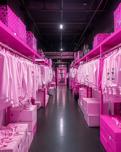 Pretty Pink Girly Clothing Factory with Luxurious Accents