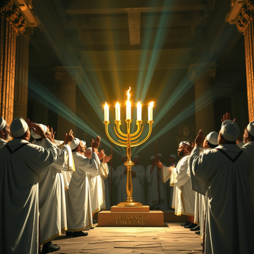Priests Rededicating Temple with Lit Menorah Post-Rebellion