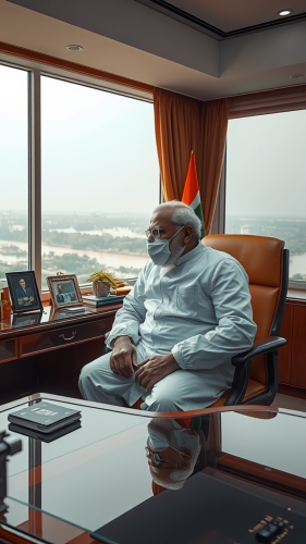 Prime Minister Modi wears hazmat suit in office.