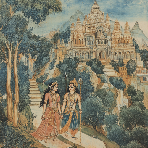 Prince Ram and Sita walking in royal palace.