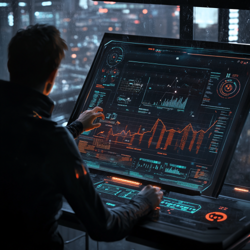 Professional analyzing future growth on holographic charts and graphs