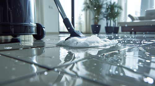 Professional cleaner using wet vacuum on clean tiled floor