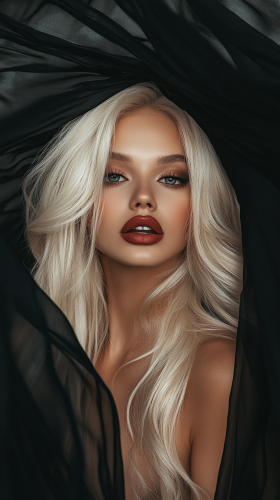 Professional model with big fake lips in dark background