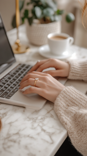 Professional woman typing on laptop at marble desk