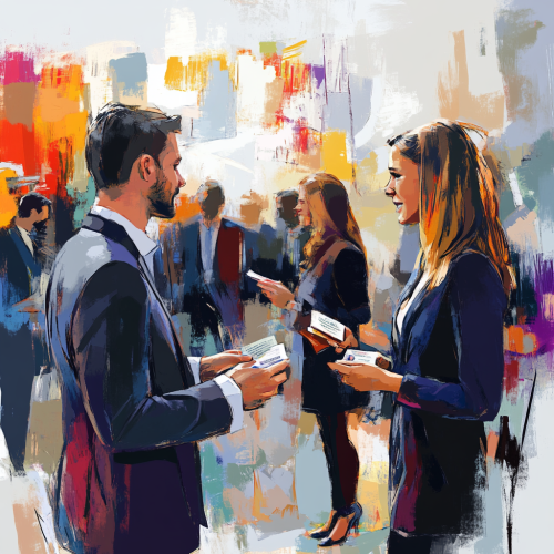 Professionals at networking event, exchanging business cards