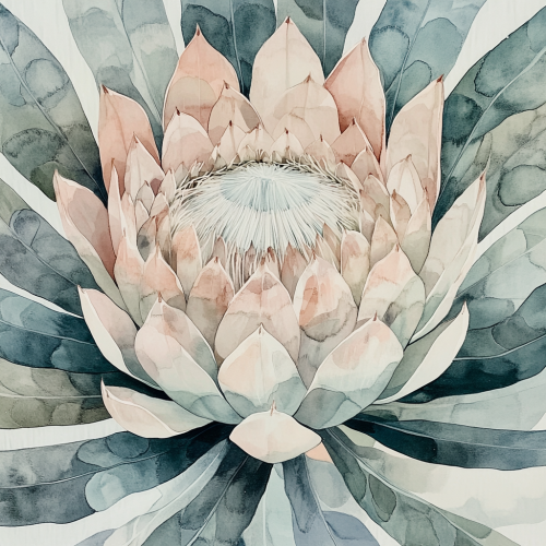 Protea flower painting with intricate storytelling, soft color palette.