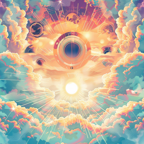 Psytrance festival flyer with DJ equipment in sunny sky. Psytrance festival flyer with DJ equipment in sunny sky.