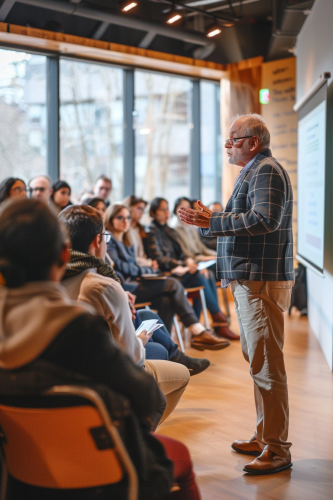 Public speaking training in formal setting with confident participant.
