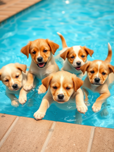 Puppies having fun in the pool.
