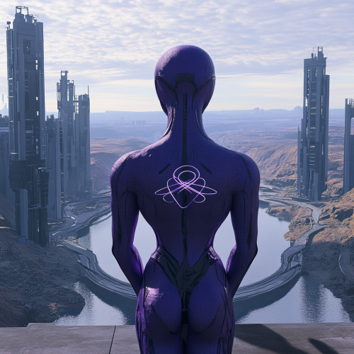Purple alien admiring river merging into infinity building