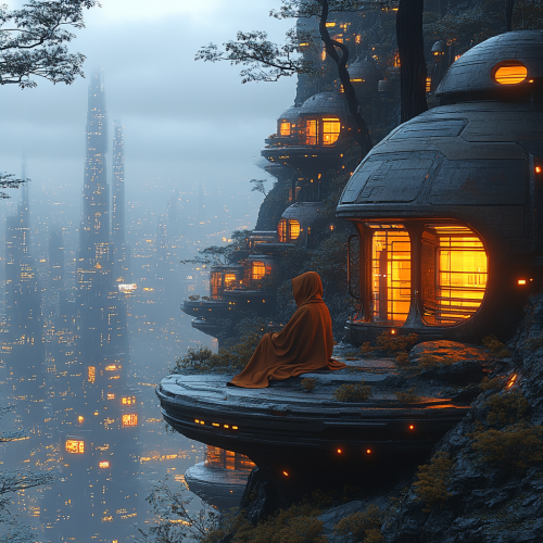 Quaint cabin in futuristic city with Jar Jar Binks