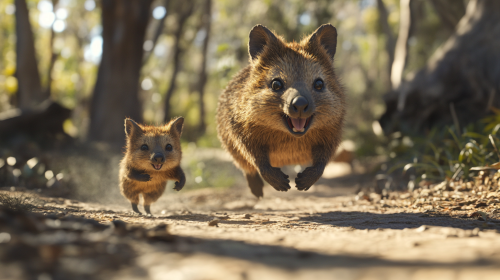 Quokka mother runs towards camera, leaves baby behind. Baby faces fox, fox approaches to eat. Sunny tropical atmosphere.