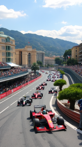 Race cars speeding on track at Monaco Grand Prix.