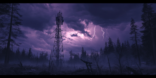 Radio tower over dark forest in thunderstorm
