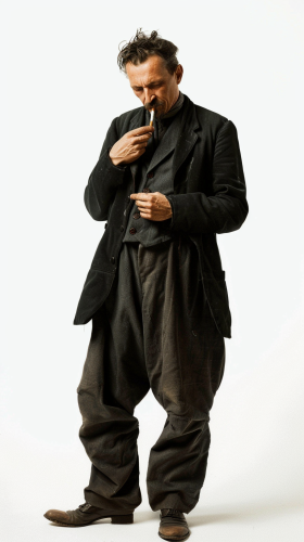 Rainer Maria Rilke stands with cigarette, looking contemplative.