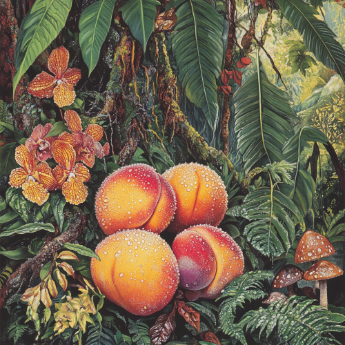 Rainforest scene of vibrant fruits, flowers, and foliage