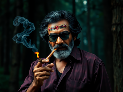 Rajnikanth Smoking a Cigar in a Dark Forest