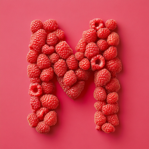 Raspberry letter 'מ' mimicking Hebrew font structure. Blend natural and clean lines for artistic feel. Raspberry letter 'מ' mimicking Hebrew font structure. Blend natural and clean lines for artistic feel.