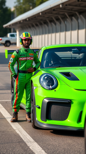 Rastaman race car driver standing by green Porsche.