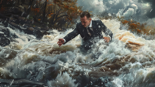 Real estate agent in suit fights river current bravely.