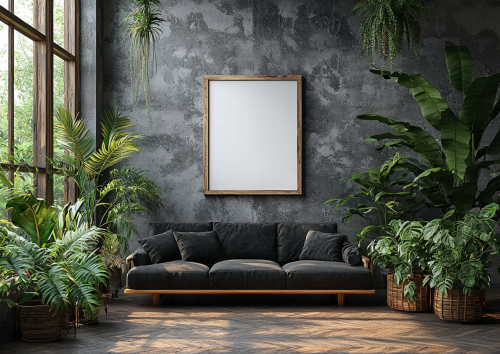 Real photo of dark sofa with plants and empty frame.