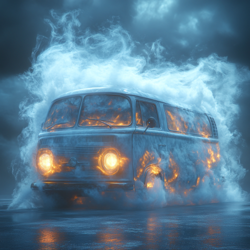 Realistic, fantasy Egyptian style van appears ghostly, ethereal.