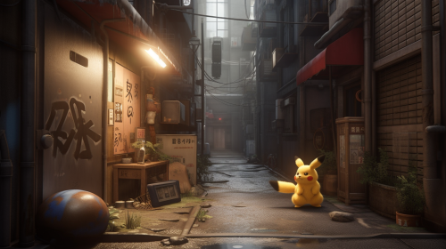 Realistic Pikachu in Japanese Alleyway Photo: Fluffy Fur Texture