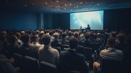 Realistic audience listening to corporate business speaker Realistic audience listening to corporate business speaker