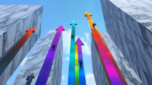 Realistic bright lighting shows tall marble buildings. Arrows shape.