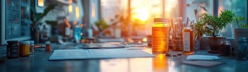 Realistic close-up table with messy products, organized catalog.