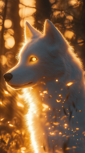 Realistic dog with light powers, white fur with golden patterns.