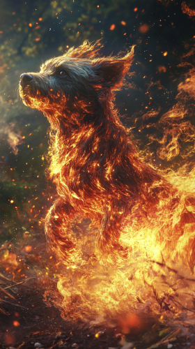 Realistic dog with powers of elements, dynamic fusion body.