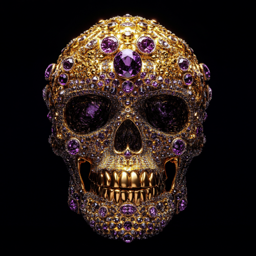 Realistic golden skull covered with purple diamonds and gems.