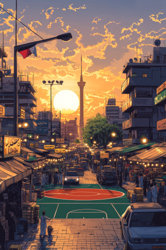 Realistic illustration of Kuwaiti basketball court at sunset.