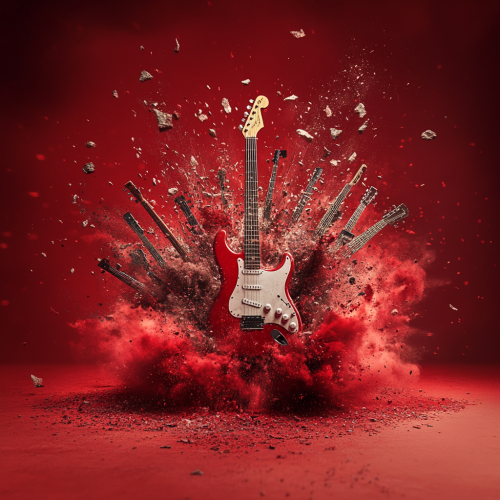 Realistic image of instruments exploding in cinematic style.