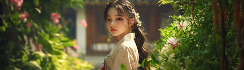 Realistic photo of Korean girl in serene garden with building.