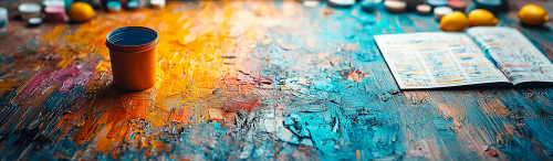 Realistic photograph of cluttered table with organized catalog.