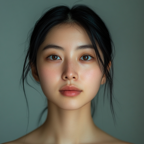 Realistic portrait of calm East Asian woman, 28