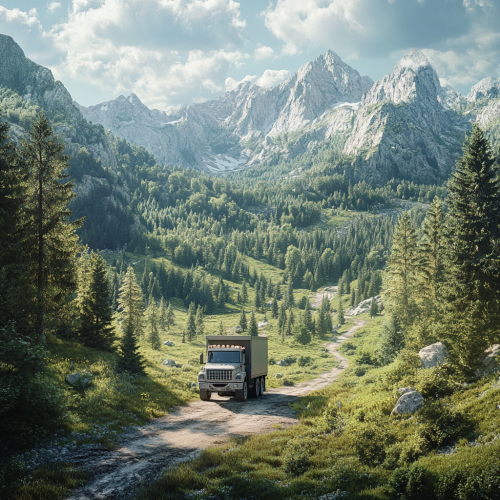 Realistic truck driving through green forest mountains