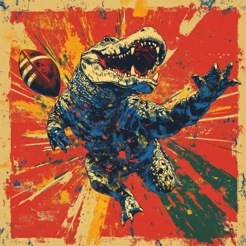 Rebel spirit captured in alligator wearing flying bulldog jeans.